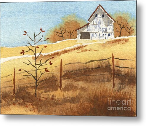 Watercolor Painting Metal Print featuring the painting Barn in Autumn by Beverly Claire Kaiya