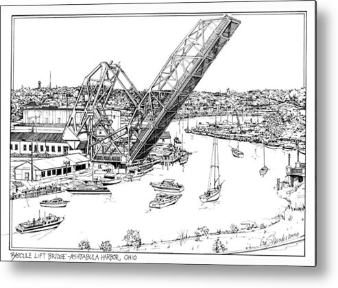 Ashtabula Harbor Ohio Metal Print featuring the drawing Bascule Lift Bridge Ashtabula by Ira Shander