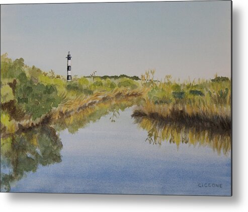 Lighthouse Metal Print featuring the painting Beacon on the Marsh by Jill Ciccone Pike
