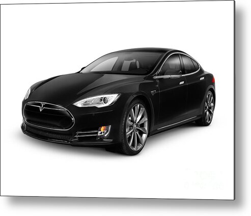 Tesla Metal Print featuring the photograph Black Tesla Model S red luxury electric car by Maxim Images Exquisite Prints