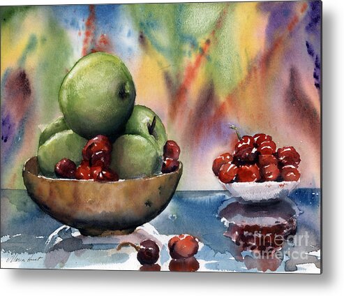 Apples And Cherries Metal Print featuring the painting Apples in a Wooden Bowl With Cherries on the Side by Maria Hunt