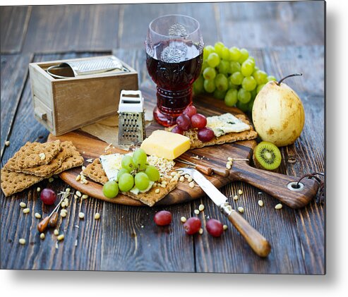 Nut Metal Print featuring the photograph Breakfast With Crackers And Fruits by Julia Khusainova