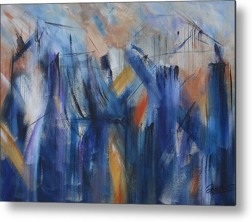 Abstract Blues Metal Print featuring the painting Bridging by Roberta Rotunda