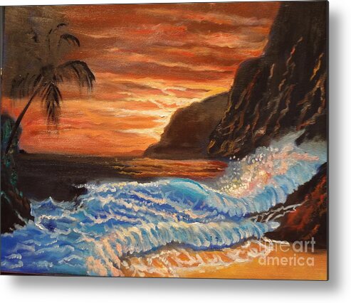 Orange Sky Metal Print featuring the painting Brilliant Hawaiian Sunset 1 by Jenny Lee