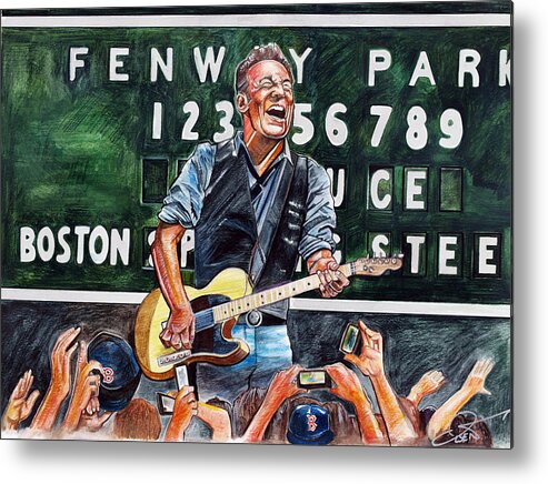 Bruce Springsteen Metal Print featuring the drawing Bruce Springsteen at Fenway Park by Dave Olsen