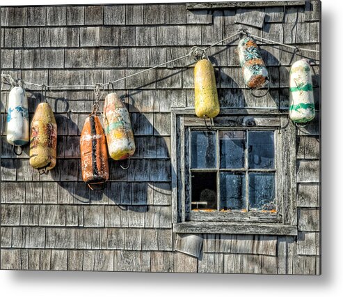 Boat House Metal Print featuring the photograph Buoys on a Wall at Peggys Cove by Rob Huntley