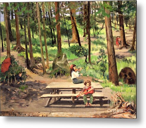 Woodscapes Metal Print featuring the painting Canyon Campground - Yellowstone 1950's by Art By Tolpo Collection