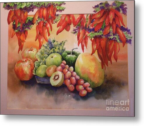 Still Life Metal Print featuring the painting Chilli Peppers and More by Genie Morgan