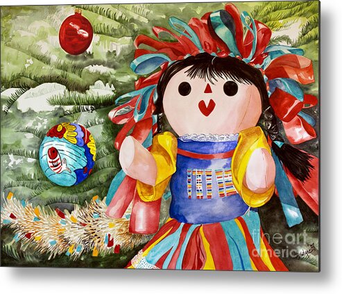 Christmas Doll Metal Print featuring the painting Christmas Muneca by Kandyce Waltensperger