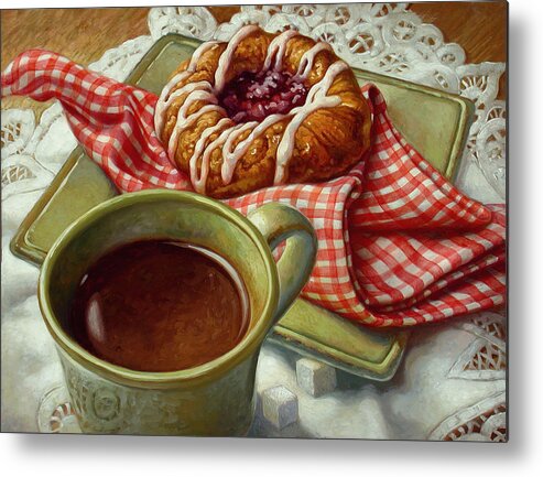 Food And Beverage Metal Print featuring the painting Coffee and Danish by Mia Tavonatti