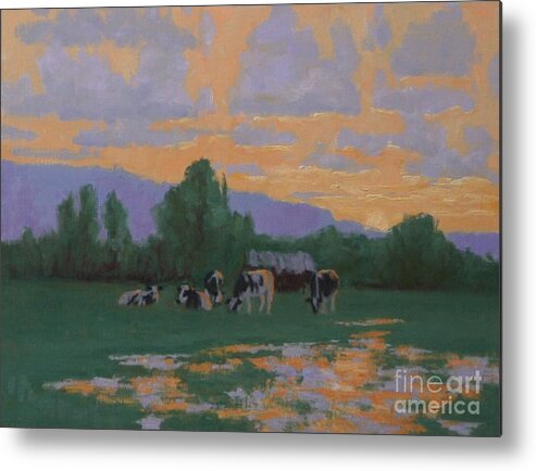 Landscape Paintings Metal Print featuring the painting Cow Sunset by Doyle Shaw