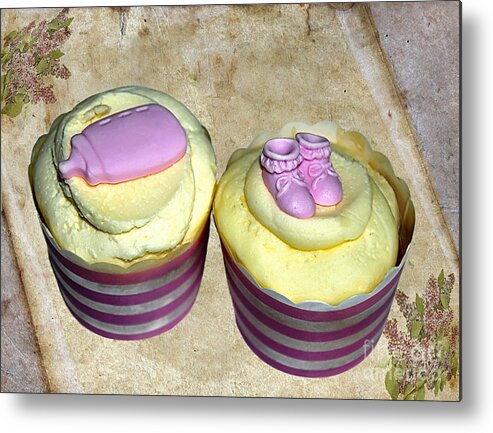 Photography Metal Print featuring the photograph Cupcakes - Booties and Baby Bottle by Kaye Menner