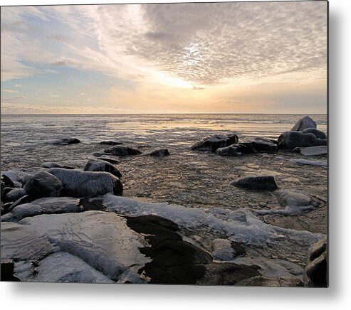 Lake Superior North Shore Nature Landscape Landscapes Seascapes Seascape Great Lakes Ice Icy Clouds Rocks Rock Boulder Boulders Shoreline Cloudscape Cloudscapes Minnesota Mn Cove Point Lodge Winter Peaceful Tranquil Scenic Frozen Beauty Beautiful Captivating Sparkling Sparkle Dazzle Dazzling Dawn Sunrise Sunrises Pink Blue Sky Skies Wintertime Seasonal Season Cloudy Cloud Rocky Brilliant Sensational Splendid Stunning Sweet Cold Outdoor Water Outdoors Sea Stones Stone Weather Horizontal Twilight Metal Print featuring the photograph Dazzling Winter on Lake Superior by James Peterson