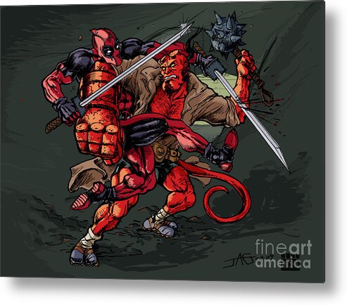 Deadpool Metal Print featuring the mixed media Deadpool VS Hellboy by John Ashton Golden