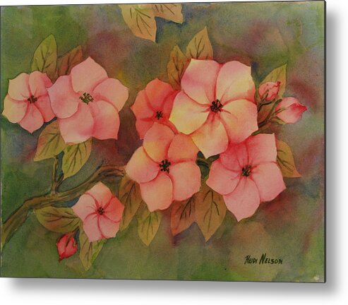 Floral Metal Print featuring the painting Dogwood Blossoms on Green by Heidi E Nelson