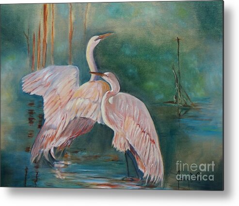 Misty Scene Metal Print featuring the painting Egrets in the Mist by Jenny Lee