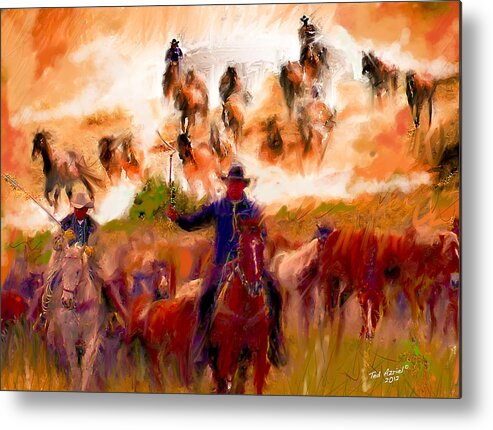 Horse Painting Metal Print featuring the painting Elk Horse Round Up by Ted Azriel