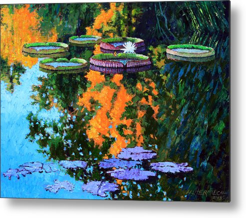 Garden Pond Metal Print featuring the painting First Signs of Fall by John Lautermilch