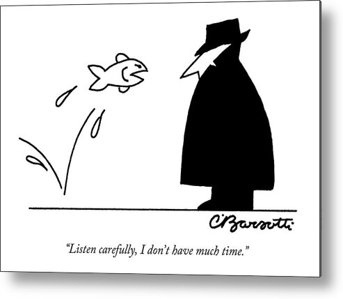 Fish Metal Print featuring the drawing Fish Informant Jumps Toward Man In Trench Coat by Charles Barsotti