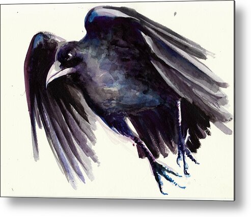 Raven Metal Print featuring the painting Flying Raven - Crow Painting by Tiberiu Soos