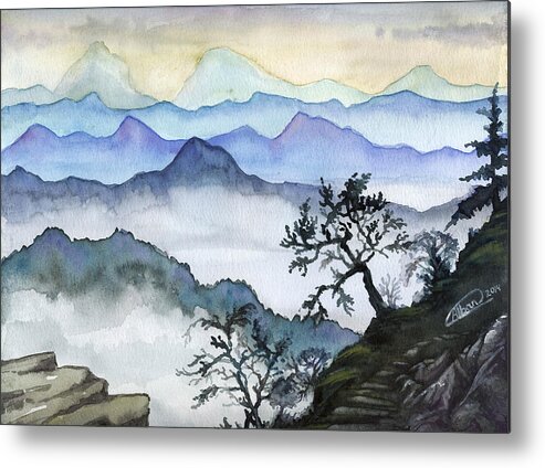 Montaines Metal Print featuring the painting Foggy mountaines sunset view by Alban Dizdari