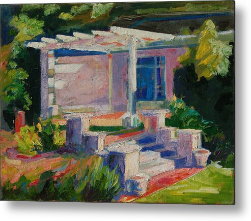 The Steps Which Lead To The Sun Drenched Pation Are Set In The Surrounding Garden And Illuminated By The Late Afternoon Sunlight Metal Print featuring the painting Garden with Steps Afternoon Light by Thomas Bertram POOLE