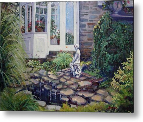 Garden Metal Print featuring the painting Geraniums in the Window by Bonita Waitl