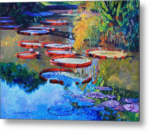 Garden Pond Metal Print featuring the painting Good Morning Lily Pond by John Lautermilch