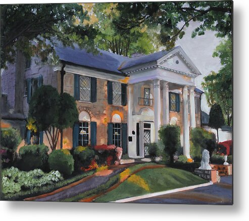 Elvis Home Portrait House Oil On Canvas Original Art Landscape Thomas Kinkade Painter Cecilia Brendel Graceland Grace Land Painting Metal Print featuring the painting Graceland Home of Elvis by Cecilia Brendel