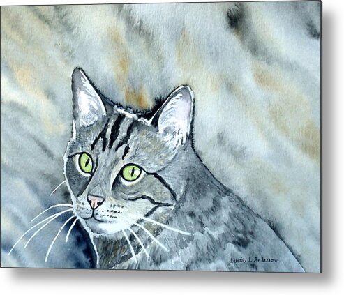 Cat Metal Print featuring the painting Gray Tabby Cat by Laurie Anderson