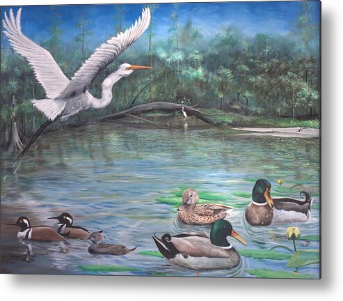 Egret Metal Print featuring the painting Harmony On The River by Virginia Bond
