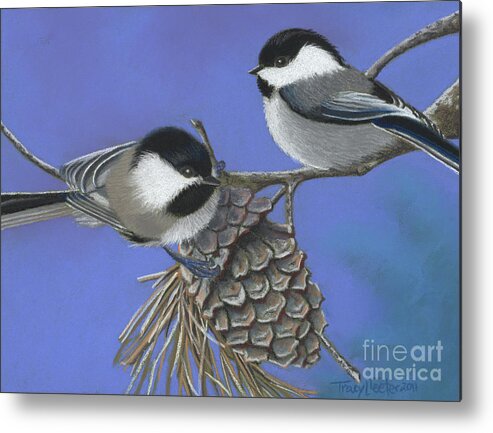 Bird Metal Print featuring the pastel Hello Chickadees by Tracy L Teeter 