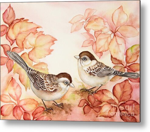 Sparrow Metal Print featuring the painting Home Sparrows by Inese Poga