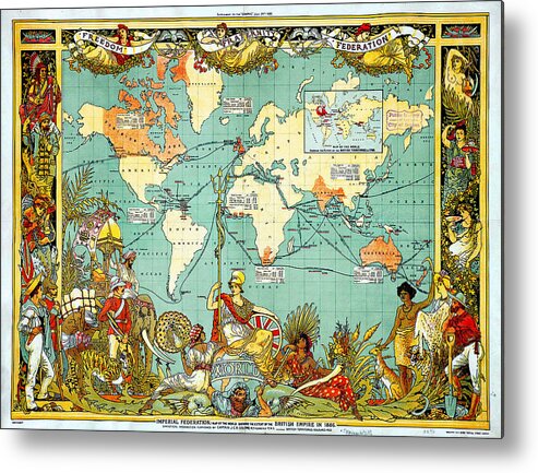 Imperial Federation Map Of The World Showing The Extent Of The British Empire In 1886 Levelled Metal Print featuring the painting Imperial Federation Map of the World Showing the Extent of the British Empire in 1886 levelled by MotionAge Designs