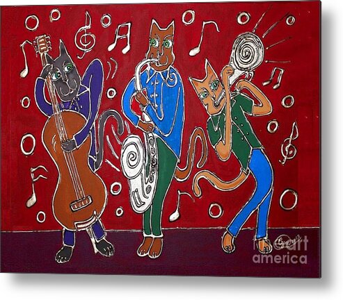 Jazz Metal Print featuring the painting Jazz Cat Trio by Cynthia Snyder