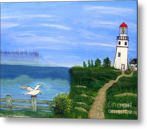 Lighthouse And Seagull Metal Print featuring the painting Lighthouse and seagull 2 by Mindy Bench