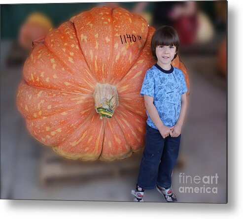 Pumpkin Metal Print featuring the photograph Little Boy Big Pumpkin by M Three Photos