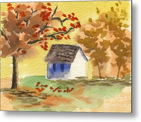 Cottage In Autumn Metal Print featuring the painting Little Cottage in Autumn by Beverly Claire Kaiya