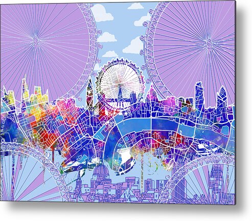 London Metal Print featuring the painting London Skyline Blue Vintage by Bekim M