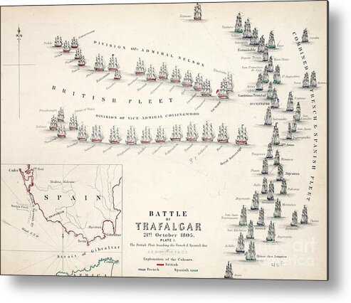 Map Metal Print featuring the drawing Map of the Battle of Trafalgar by Alexander Keith Johnson