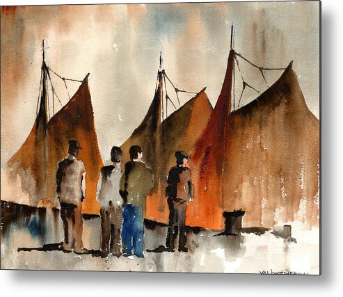 Val Byrne Metal Print featuring the painting Men looking at Hookers Galway by Val Byrne