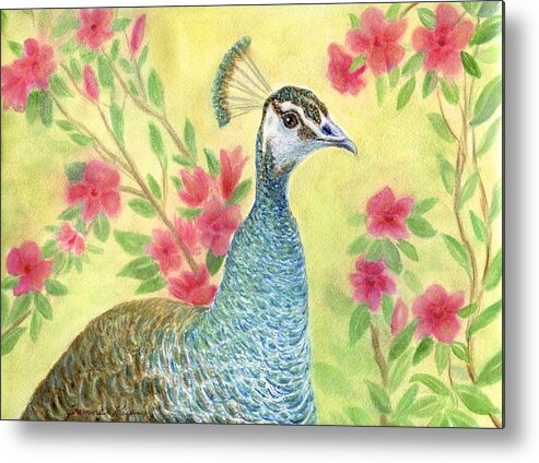 Peahen Metal Print featuring the painting Miss Peahen in the Garden by Jeanne Juhos