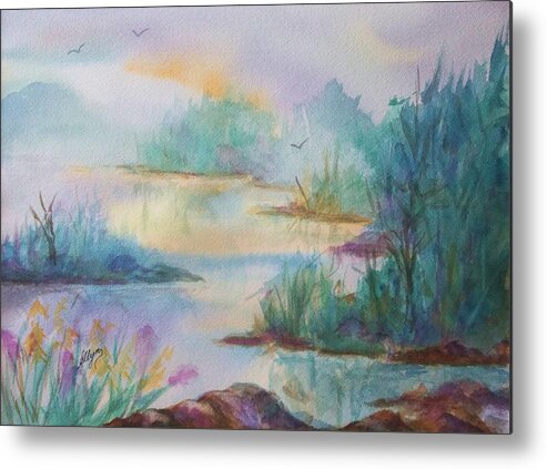 Misty Morn Metal Print featuring the painting Misty Morn On A Mountain Lake by Ellen Levinson