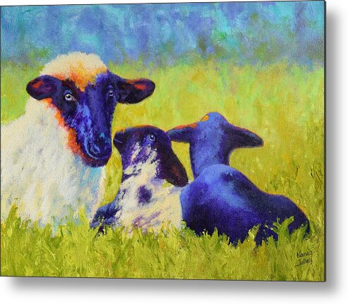 Sheep Metal Print featuring the painting Mom and the Kids by Nancy Jolley