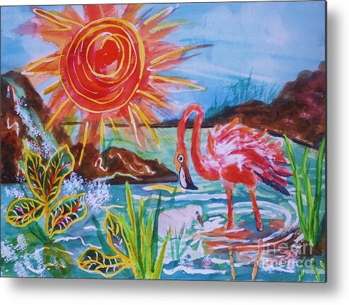 Pink Flamingo Metal Print featuring the painting Momma and Baby Flamingo Chillin In A Blue Lagoon by Ellen Levinson