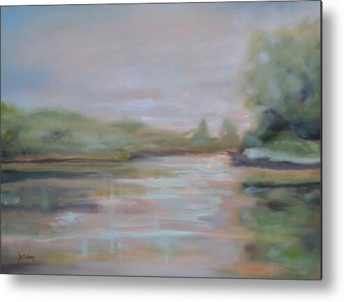Lake Scene Metal Print featuring the painting Morning at the Lake by Donna Tuten