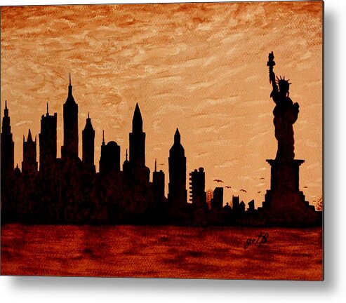 New York City Metal Print featuring the painting New York City Sunset Silhouette by Georgeta Blanaru