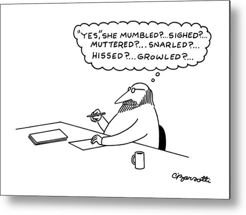 (man Sits At A Desk Metal Print featuring the drawing New Yorker July 27th, 1981 by Charles Barsotti