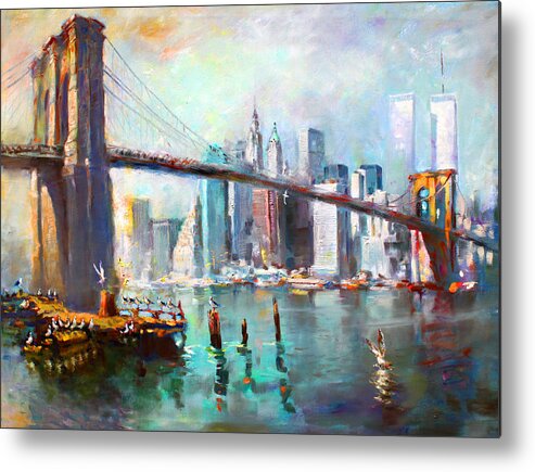 Nyc Metal Poster featuring the painting NY City Brooklyn Bridge II by Ylli Haruni