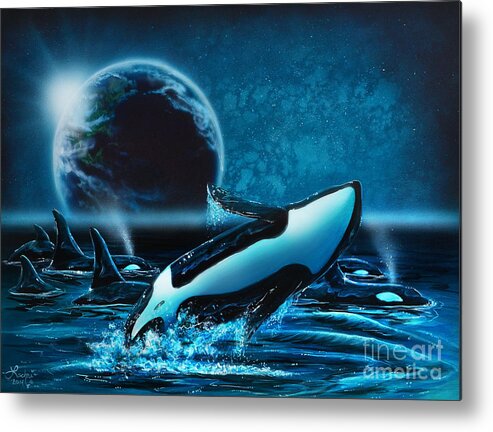 Orca Metal Print featuring the painting Orcas at night by Lachri